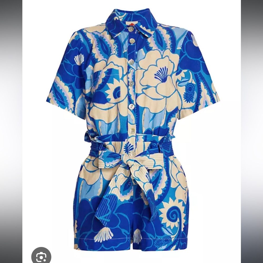 FARM RIO Blue and White Tropical Groove Linen Romper Size Small